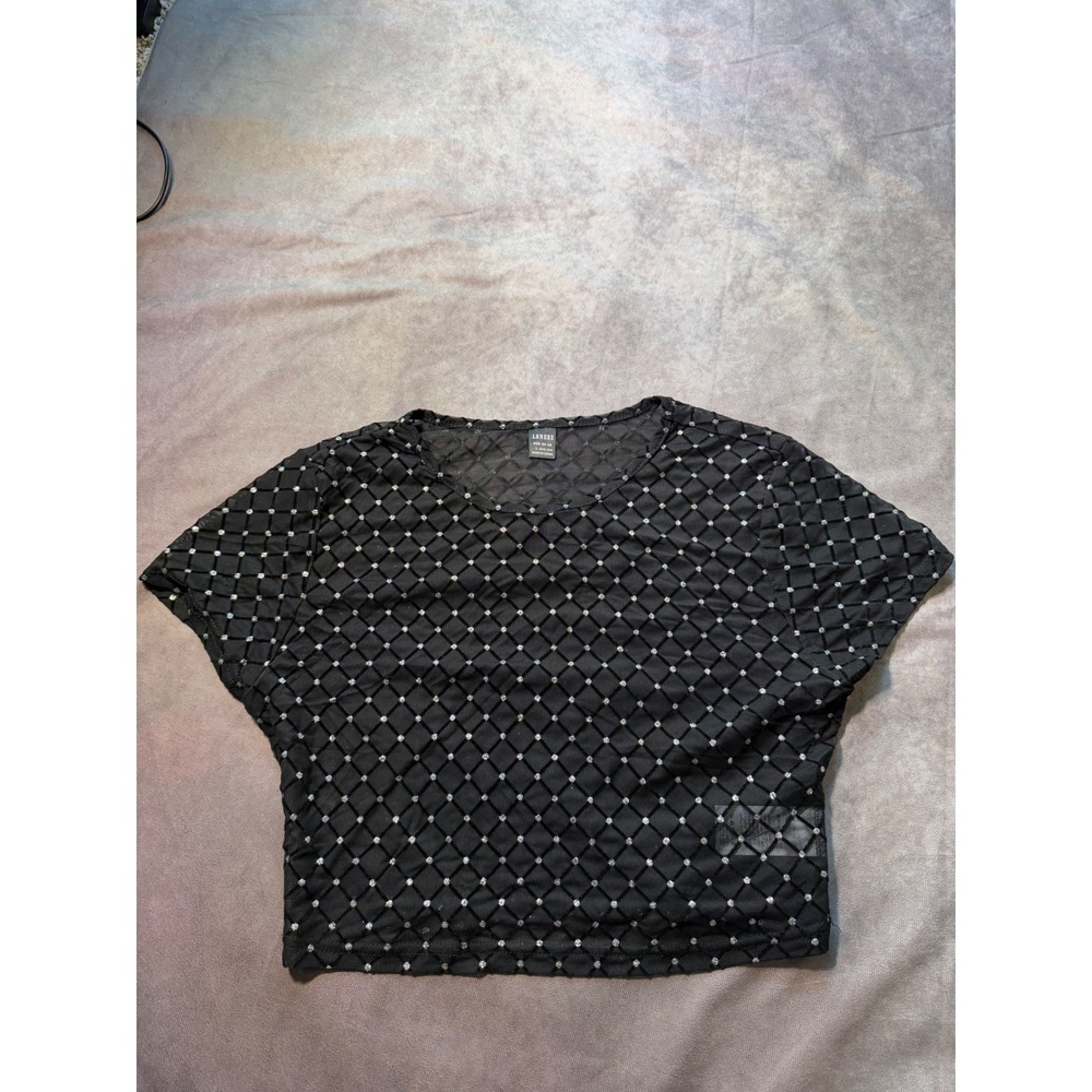Loness Black Mesh Glitter Diamond Grid Crop Top Short Sleeve Silver Sparkle L